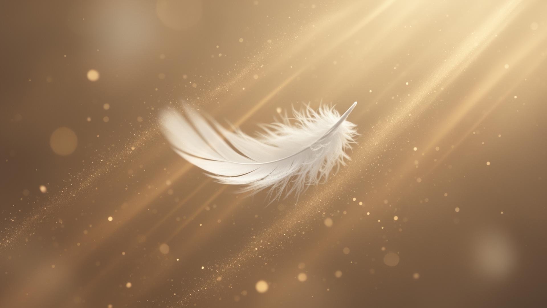 Pluma blanca flotando en luz dorada